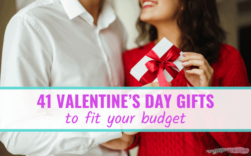 Photo of couple smiling and holding a gift with a red bow, with text overlay of 41 Valentine's Day gifts to fit your budget.