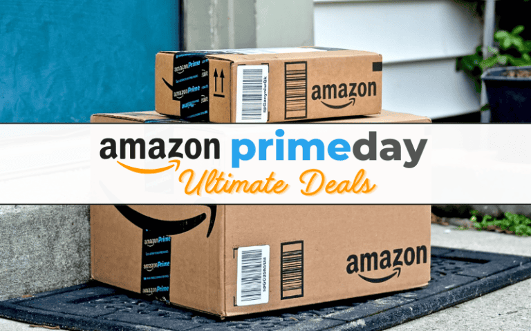Image of Amazon packages on doorstep titled Amazon PrimeDay Ultimate Deals.