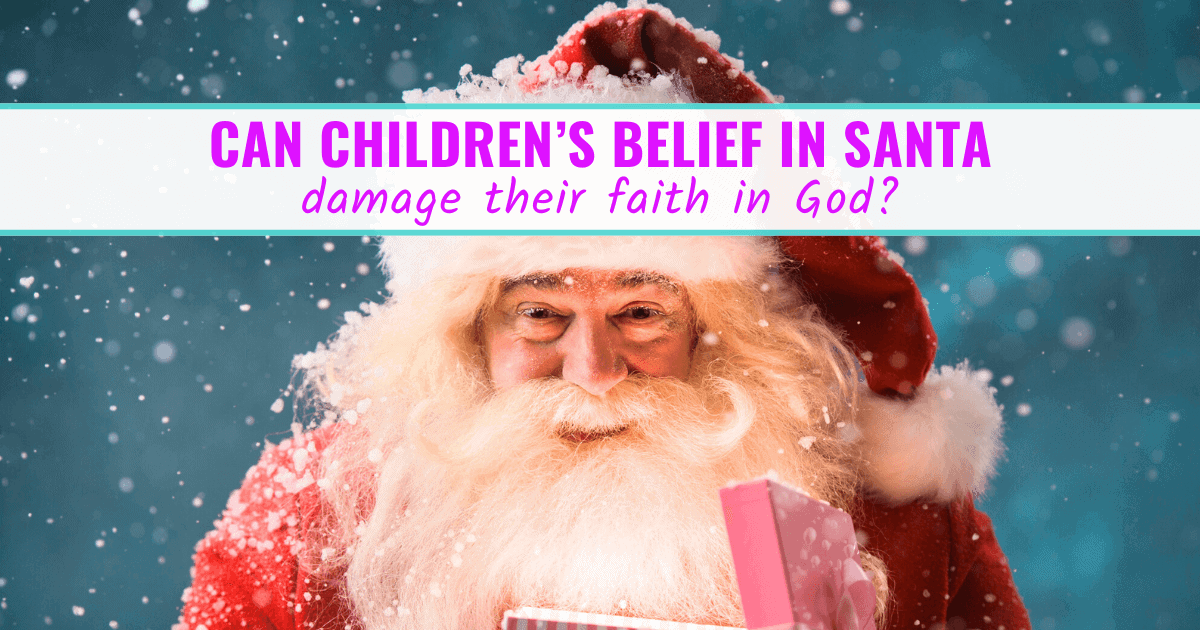 Image of Santa with title overlay, Can children's belief in Santa damage their faith in God?