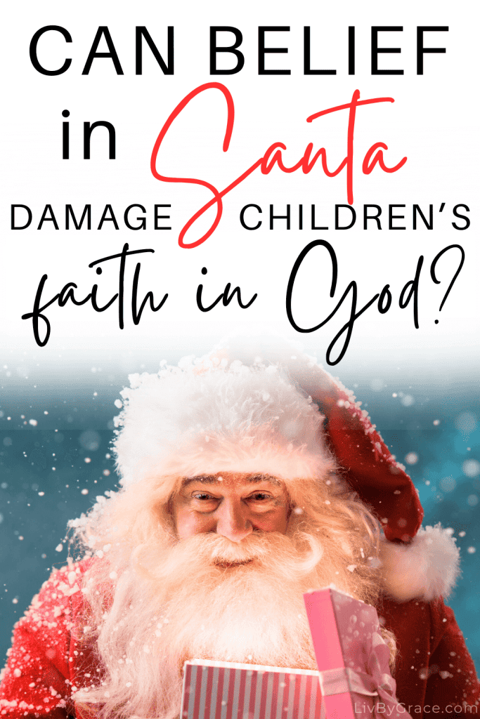 Image of Santa opening present titled, Can belief in Santa damage children's faith in God?