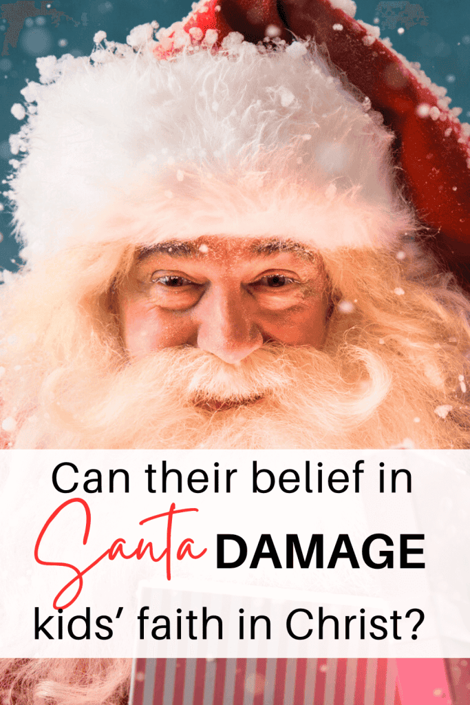 Image of Santa in snow titled, Can their belief in Santa damage kids' faith in Christ?