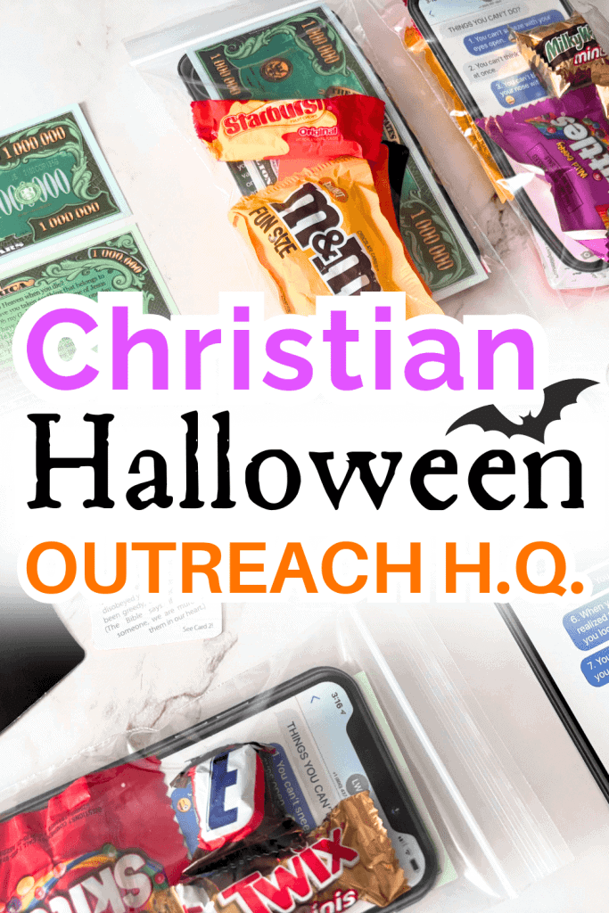Image of treat bags with text overlay Christian Halloween Outreach H.Q.