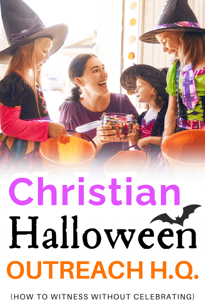 Image of women giving candy to trick-or-treaters titled Christian Halloween Outreach H.Q.