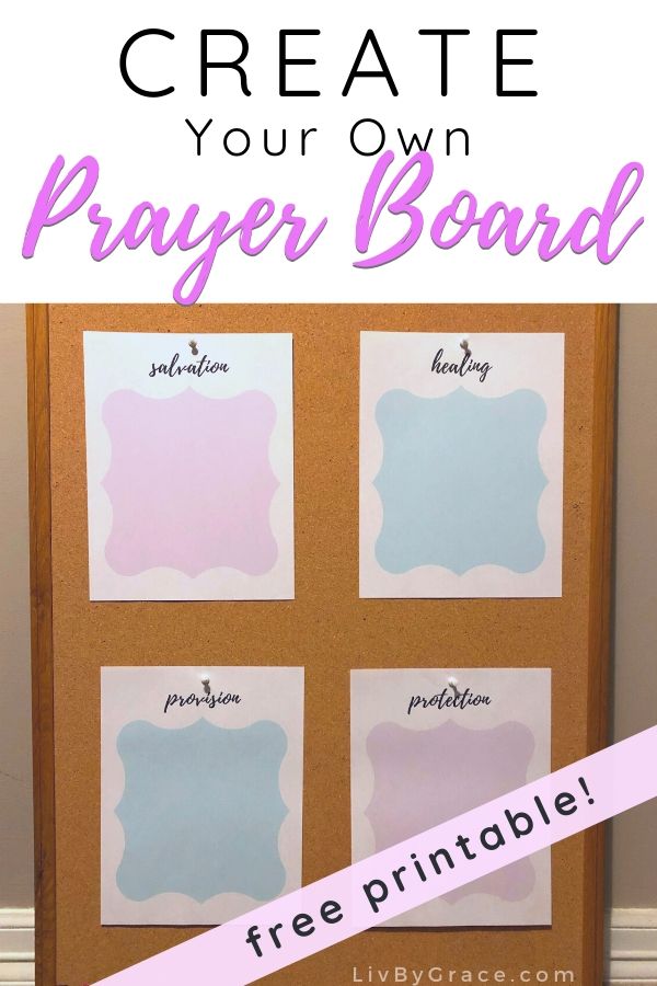 Image titled Create Your Own Prayer Board shows a corkboard with decorative printables pinned up that say Salvation, Healing, Provision, and Protection.