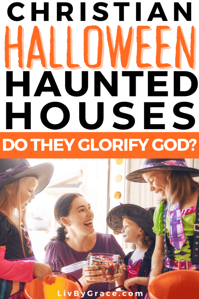 Image showing children in costumes trick-or-treating, titled Christian Halloween Haunted Houses with the subtitle do they glorify God.