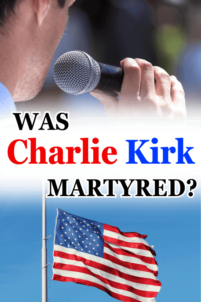 Image of man speaking and flat at half-mast titled was Charlie Kirk martyred