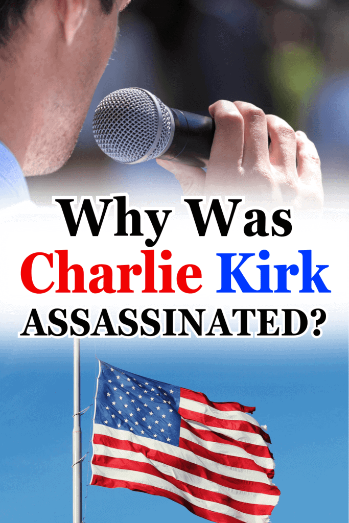 Image of man speaking and flat at half-mast titled why was Charlie Kirk assassinated