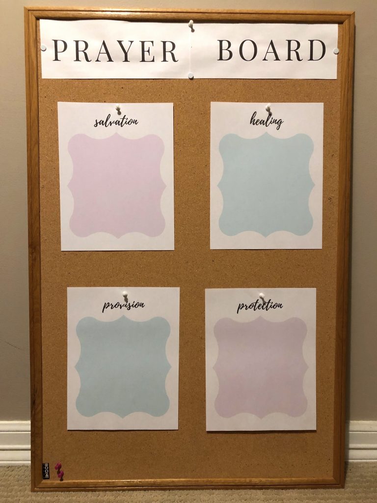 Image of an "after" photo showing a cork board with decorative printables pinned up that say Salvation, Healing, Provision, and Protection with the title Prayer Board.
